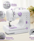 No Fuss Pocket Rocket Mini Sewing Machine With Foot Pedal And Night Light Boasts Twelve Built In Stitches For Diy Crafting And Quick Fixes Lightweight Handheld Design For Beginners features adjustable needle spacing and a mini hidden drawer.