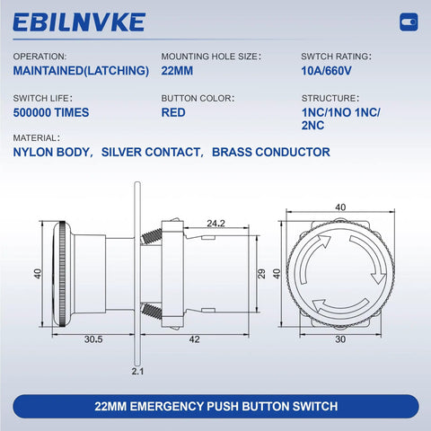 Rock Solid 22Mm Red Mushroom Emergency Stop Push Button Switch Delivers Hella Reliable Safety For Heavy Duty Industrial Machinery With Instant Self Lock And Quick Twist Reset At 600V 10A, showing detailed dimensions and materials.