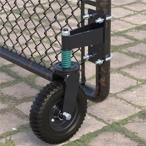 Close-up of Two Pack Eight Inch Steel Rubber Gate Wheels With Silent Spring Suspension for Heavy Swing Gates.