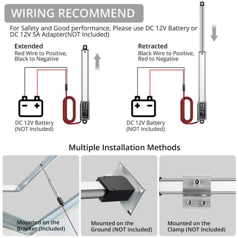 Wiring diagram for Compact Mini Linear Actuator With 4 Inch Stroke And 64 Newtons Of Raw Power, showing battery connections and installation options.