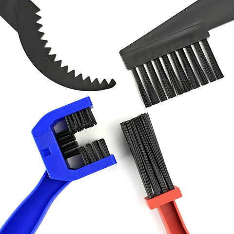 Bike And Motorcycle Chain Cleaning Tool Set 5 Piece Kit Pro Grade with sprocket scraper, brush, and chain brushes close-up