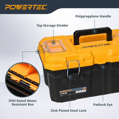 16 Inch Tool Box With Trays Lockable Metal Latch Portable Organizer For Tools And Small Or Mid Sized Parts Weather Resistant Durable Storage Case with top storage divider and zink plated steel lock.