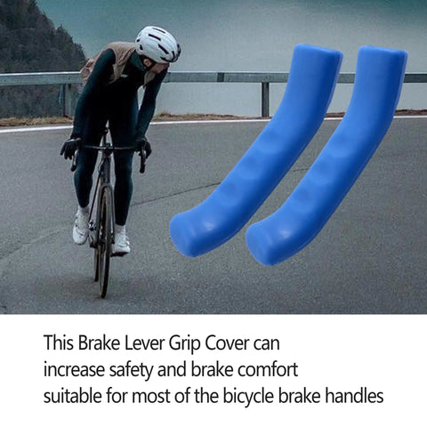 Two Pairs Silicone Brake Lever Grip Protectors For Bikes Non Slip Handle Covers Displayed with Cyclist in Background