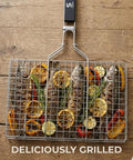 Outdoor Grill Basket For Fish, Shrimp, Veggies And Meat, Stainless Steel With Detachable Heat Resistant Handle, Lockable Design For Easy Grilling, Camping Cookware, Versatile Grilling Rack with fish and vegetables inside.