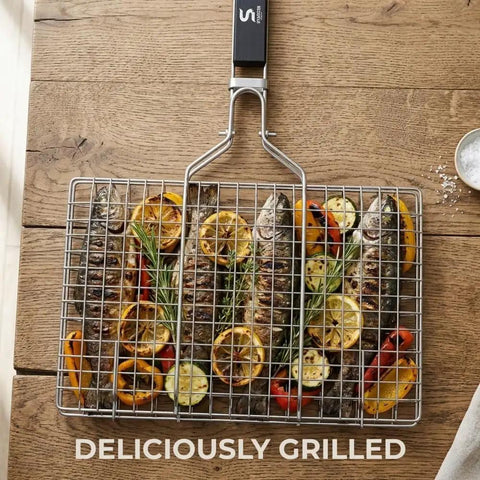 Outdoor Grill Basket For Fish, Shrimp, Veggies And Meat, Stainless Steel With Detachable Heat Resistant Handle, Lockable Design For Easy Grilling, Camping Cookware, Versatile Grilling Rack with fish and vegetables inside.