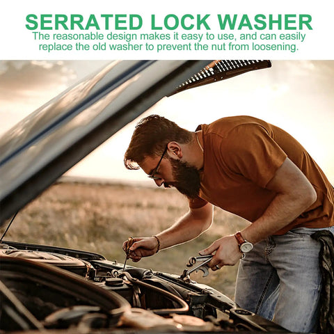 Person using serrated lock washer for car maintenance with Internal Tooth Lock Washers Set 300 Pcs Stainless Steel Star Shape