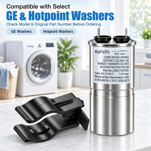 Top Shelf Washer Start Capacitor And Bracket Kit Compatible With GE And Hotpoint Models To Kick Your Motor Back In Gear For Silky Smooth Cycles Includes Solid Hardware Wh12x27614 Straight Shot on a countertop with a washer in background.