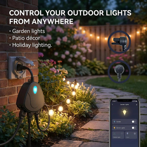 Take Command Of Your Patio Game With This Heavy Duty Outdoor Smart Power Strip, Features 3 Independently Switchable Wifi Outlets, 15Amp Surge Protection, Weather Resistive Design, And Voice Sync For Alexa And Google Home, connected to garden lights in an outdoor setting.
