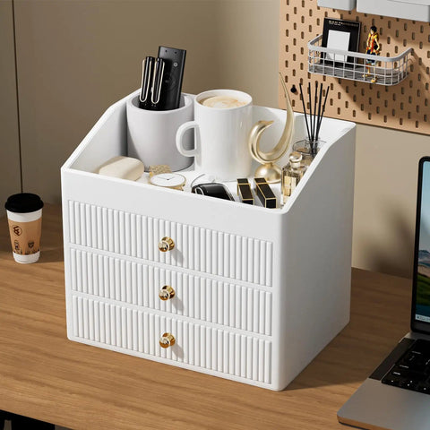 Beige White Vegan Leather Office Organizer With Three Drawers And Tray, Perfume And Jewelry Storage, Gold Tone Metal Knob Accent