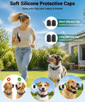 Hella Tough Long Range Dog Training Collar With 2600 Foot Waterproof Remote and Safe Vibration Beep Shock Levels for Your Furry Best Boy. Woman running with dogs, featuring silicone caps.
