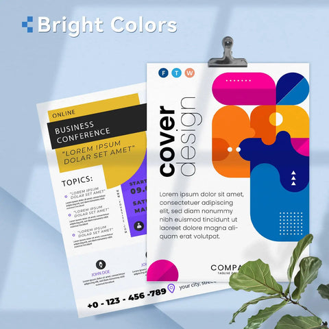 Two colorful poster designs; one for a business conference with text layout, and one modern abstract design with geometric shapes.