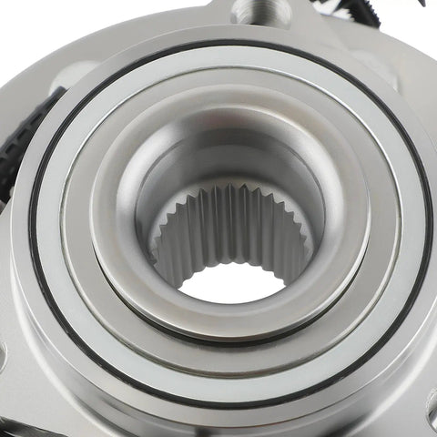 Close-up view of Rock Solid Front Wheel Hub Bearing Assembly Pair for Chevy GMC Cadillac 2007-2014 with steel and ABS sensor.