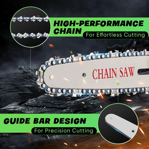 Close-up of Six Inch Cordless Mini Chainsaw With 2025 Upgraded Copper Motor showcasing chain and guide bar design.