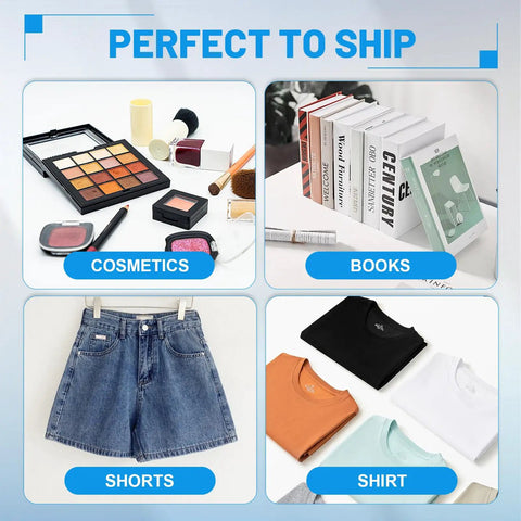 Heavy Duty Weatherproof Poly Mailers 14.5x19 Inch 200 Pack Shipping Bags Built Tough For Clothing Apparel No Sweat Packing Smooth Sailing Daily Hustle shown with cosmetics, books, shorts, and shirts.