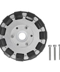 Built Tough Double Aluminum Omnidirectional Wheel With Twenty Two Rubber Rollers 127mm Diameter And Forty Six Pound Load Rating For Hassle Free Robotics Builds And Smooth Side To Side Rolling, top view showing rubber rollers.