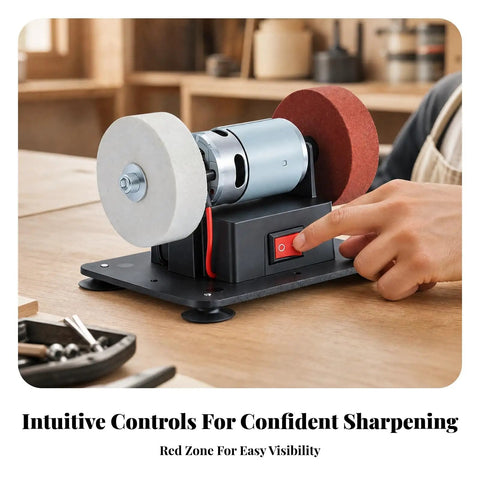Professional Grade Rock Solid Electric Bench Grinder With Non Slip Dual Wheels Vibration Proof Base showing intuitive controls and dual grinding wheels.