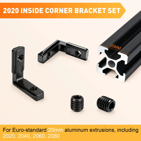 2020 aluminum extrusion inside corner brackets for 20mm frames, black zinc alloy connectors for DIY assembly.