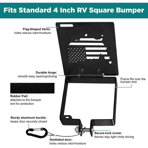 Aluminum RV Bumper End Cap 2 Pack For 4 Inch Square Bumpers With Vent Holes Sewer Hose Storage Covers detail view