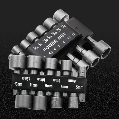 Workhorse 9 Piece Socket Sleeve Set Featuring Hexagonal Wrench Adapters And Pneumatic Extension Rods, 9 hex sockets organized on a holder.