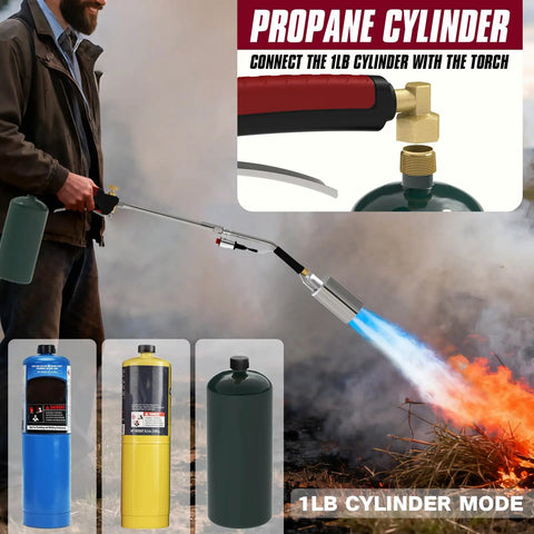 Heavy Duty Propane Weed Torch Kit With Turbo Trigger demonstrating high BTU flame in 1lb cylinder mode for outdoor use