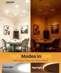 Sweet Setup 12 Pack 4 Inch LED Recessed Ceiling Lights With Built In Amber Glow And Zero Sweat Dimmable 5Cct Control showcasing down and night light modes.