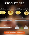 Product size details of Solid Gold Metal Snap Fasteners Bundle Packs with measurements for heavy duty button sets.