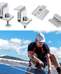 Built Tough Heavy Duty Solar Panel Clamp Kit Includes 28 Adjustable Aluminum End And Mid Mounting Brackets For Metal Tin Flat Roofs Solar Pv System Workhorse Upgrade, aluminum clamps and worker installing solar panel.