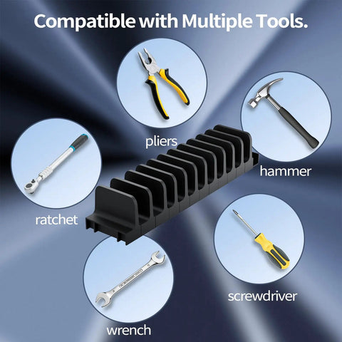44 Piece Plier Organizer Set For Toolboxes And Drawers Modular Holder System With 20 Large Slots And 22 Small Slots Black Finish Great For Pros And DIYers shown with compatible tools like pliers, hammer, ratchet, wrench, and screwdriver.