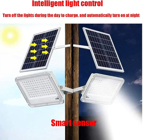 Heavy Duty Double Head Solar Flood Lighting With Remote And IP67 Waterproof Shield mounted on a wooden post with solar panels.