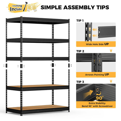 Heavy Duty Five Tier Metal Garage Shelving Unit With Thick MDF Boards And Powder Coated Matte Black Steel Frame Assembly Tips Image