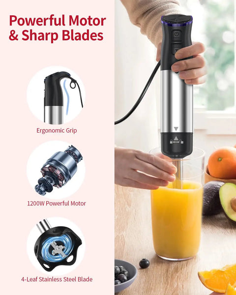 Dead Simple Total Powerhouse 5in1 Immersion Blender With 1200W Motor And 20 Speed Settings handheld mixer blending juice in a glass.