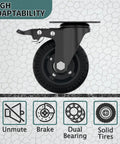 Rock Solid 4 Inch Premium Plate Caster Wheels Swivel With Brake Heavy Duty Rolling Cart Caster showing solid rubber tire and brake feature.