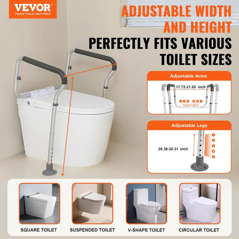 Built Tough Toilet Safety Rail With Padded Armrests, Adjustable Bathroom Safety Frame Fits Most Toilets, showing adjustable arms and legs.