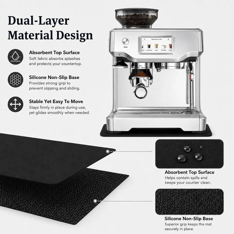 Smooth As Butter Espresso Machine Countertop Protector And Slick Slider Pad showing dual-layer material design and absorbent top surface.