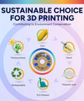 Infographic on sustainable 3D printing highlighting Top Shelf Silk PLA Filament 1.75mm, corn, and biodegradable materials.