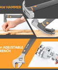 Compact DIY Tool Set For Home Improvement With Stackable Handy Tool Kit Including Adjustable Wrench, Screwdrivers, Hammer, Pliers, Tape Measure, Gift Ready Package For Home Maintenance And Quick Fixes showing claw hammer and adjustable wrench in use