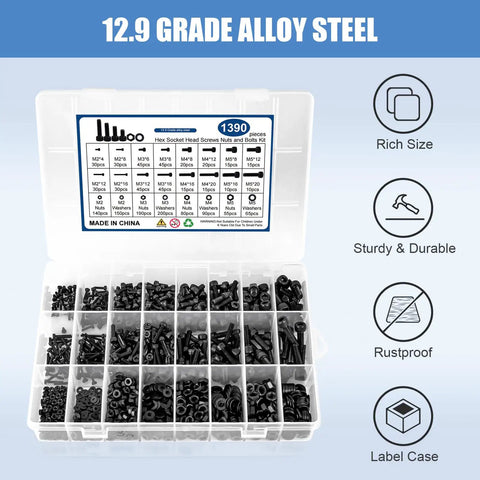 Heavy Gauge Metric Hex Socket Screw Kit With M2 M3 M4 M5 Bolts Matching Nuts And Flat Washers in organized storage case.