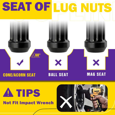 Heat Treated Cold Forged Steel Spike Lug Nuts Set Of 32 Black Spline Spiked Acorn Locking Wheel Fasteners With Keys dimensions and seat types comparison.