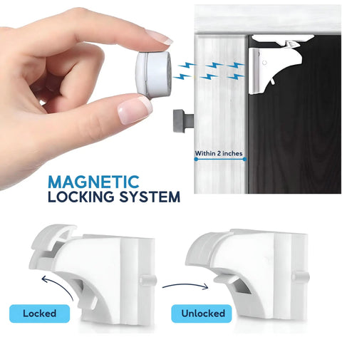 12 Pack Magnetic Cabinet Locks With Keys For No Drill Child Safety Locks showing lock mechanism and installation with 3M adhesive