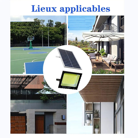 JUDYSSY Solar Garden Outdoor Lights 300W, 400W, Solar Flood Light Led Street L, Black with solar panel in outdoor settings.