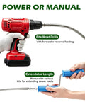 Badass Heavy Duty Drain Snake And Auger With Drill Attachment Plumbing Tool showing drill compatibility and extendable cable setup.