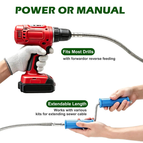 Badass Heavy Duty Drain Snake And Auger With Drill Attachment Plumbing Tool showing drill compatibility and extendable cable setup.
