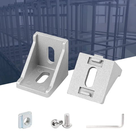 Legit 40x40 Aluminum Extrusion Hardware Kit Featuring 20 Corner Brackets 40 M8 T Slot Nuts 40 Hex Socket Cap Screws Wrench components including brackets and screws.