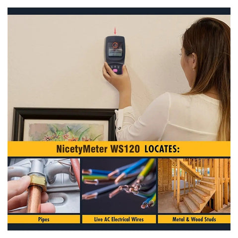 Professional Digital Wall Stud Finder And Voltage Scanner in use on wall locating hidden pipes and wires.