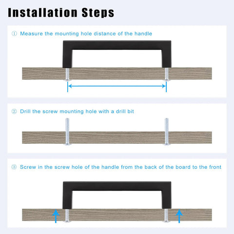 Installation steps for Heavy Duty Matte Black Cabinet Pulls Five Inch Center To Center Square Stainless Steel Handles.