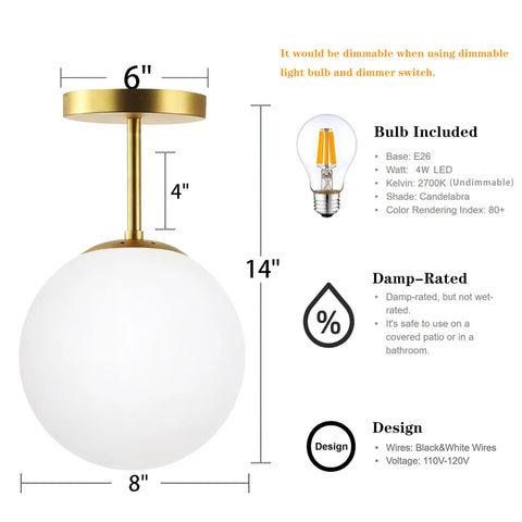 Mid Century Modern Ceiling Light Fixture With Milk Glass Shade And Matte Gold Finish Semi Flush Mount For Hallway Living Room Kitchen Bedroom Or Storage Spaces Bulb Included No Fuss Install with dimensions and bulb details