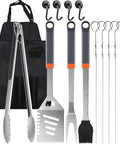 All In One Grill Tools Set With 4 In 1 Spatula, Tongs, Fork, Silicone Brush, Six Reusable Skewers, Hooks And Apron Storage Bag