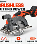 Compact Brushless Circular Saw Kit With Dual Six Inch Blades And Rip Guide Made For Heavy Duty Cordless Cuts Built Different With Straight Fire Cutting Power And Sweet Kickback Control For Pro Crews, showcasing 6-inch blade and brushless design.