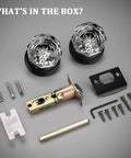 Six Pack Crystal Door Knobs Set For Interior Passages Non Locking Hallway And Closet Door Handles With Heavy Duty Glass Knob And Flat Black Zinc Rosette Smooth Touch Durable Build, including two crystal knobs, black rosettes, and various installation parts.