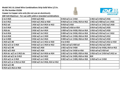 No Sweat Twist On Wire Connectors For 22 To 8 Awg Bag Of 100 chart showing wire combinations and specifications for solid wire.